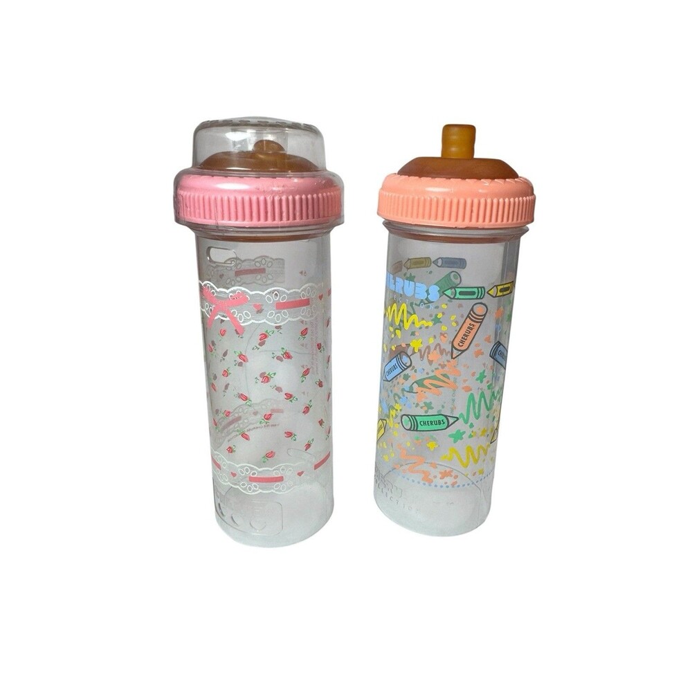 Vintage Cherubs Decorated Nurser Bubble Nipple Drop In 8oz Baby Bottles One Lid
